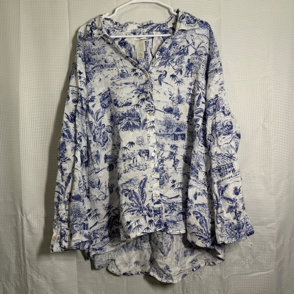Joie Linen Button Down Shirt Blue White Toile Tropical Print Plus Size 3X Top